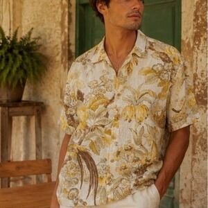 Verdo Linen Pheasant Bird Floral Short Sleeve‎ Cream Button Shirt XL Tropical